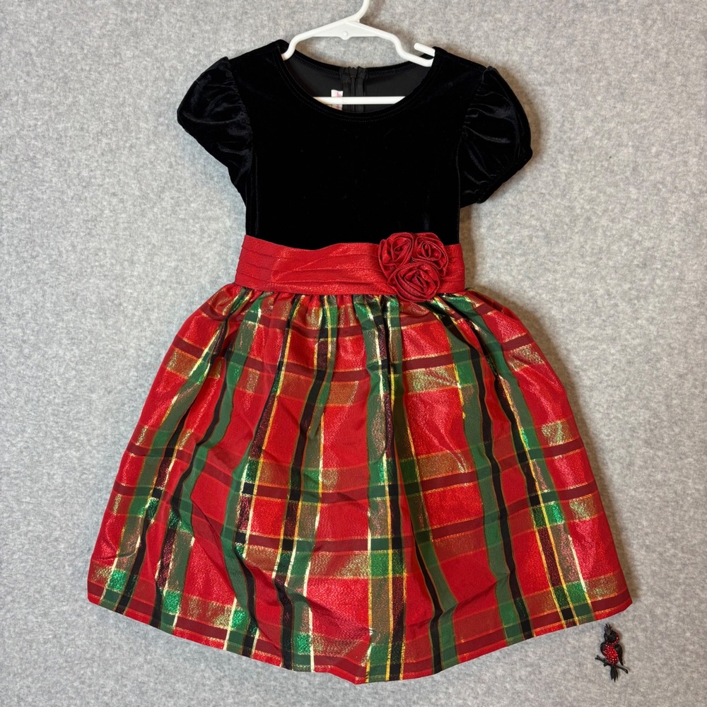 Bonnie Jean Girls 5 Red Plaid Velour‎ Holiday Dress Christmas Bow Metallic Party